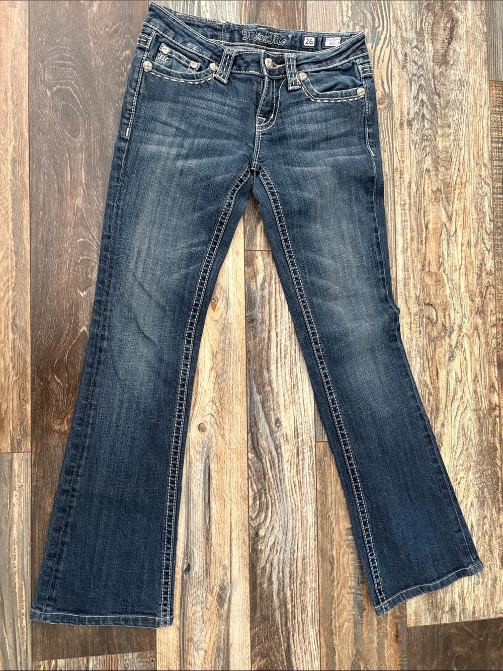 Miss Me Dark Blue Flare Jeans with Contrast Stitching